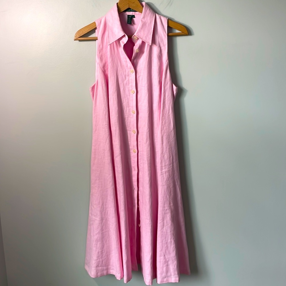 Ralph Lauren 100% linen pink button down sleeveless dress in size 12.